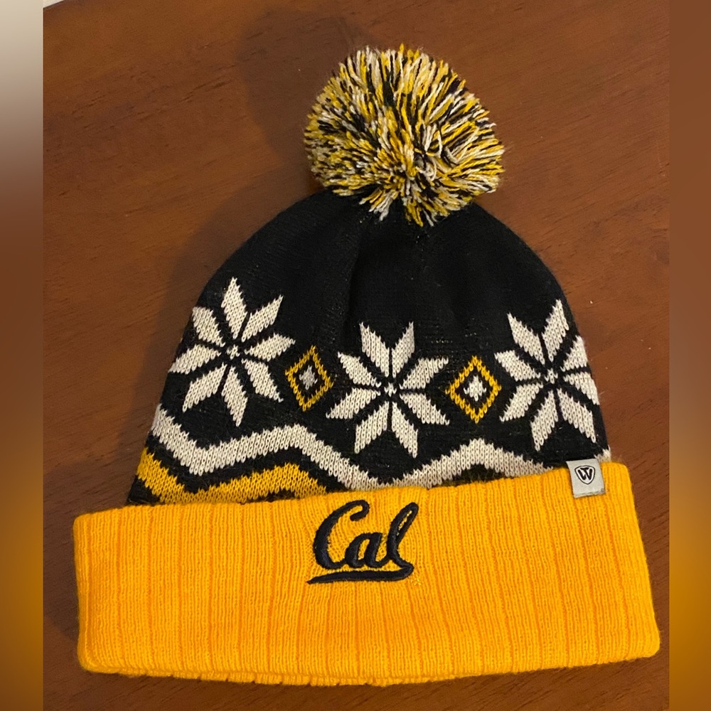 Black, yellow and white toddler Cal cuffed knit beanie with pom